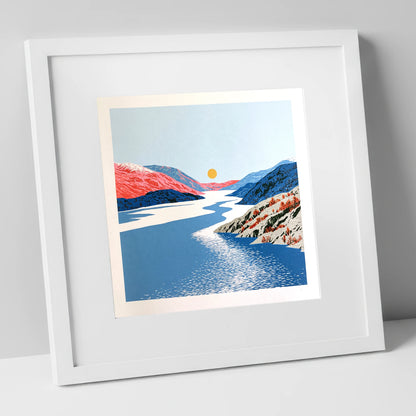 Ennerdale Valley and Golden Sun lake district valley art print in white frame