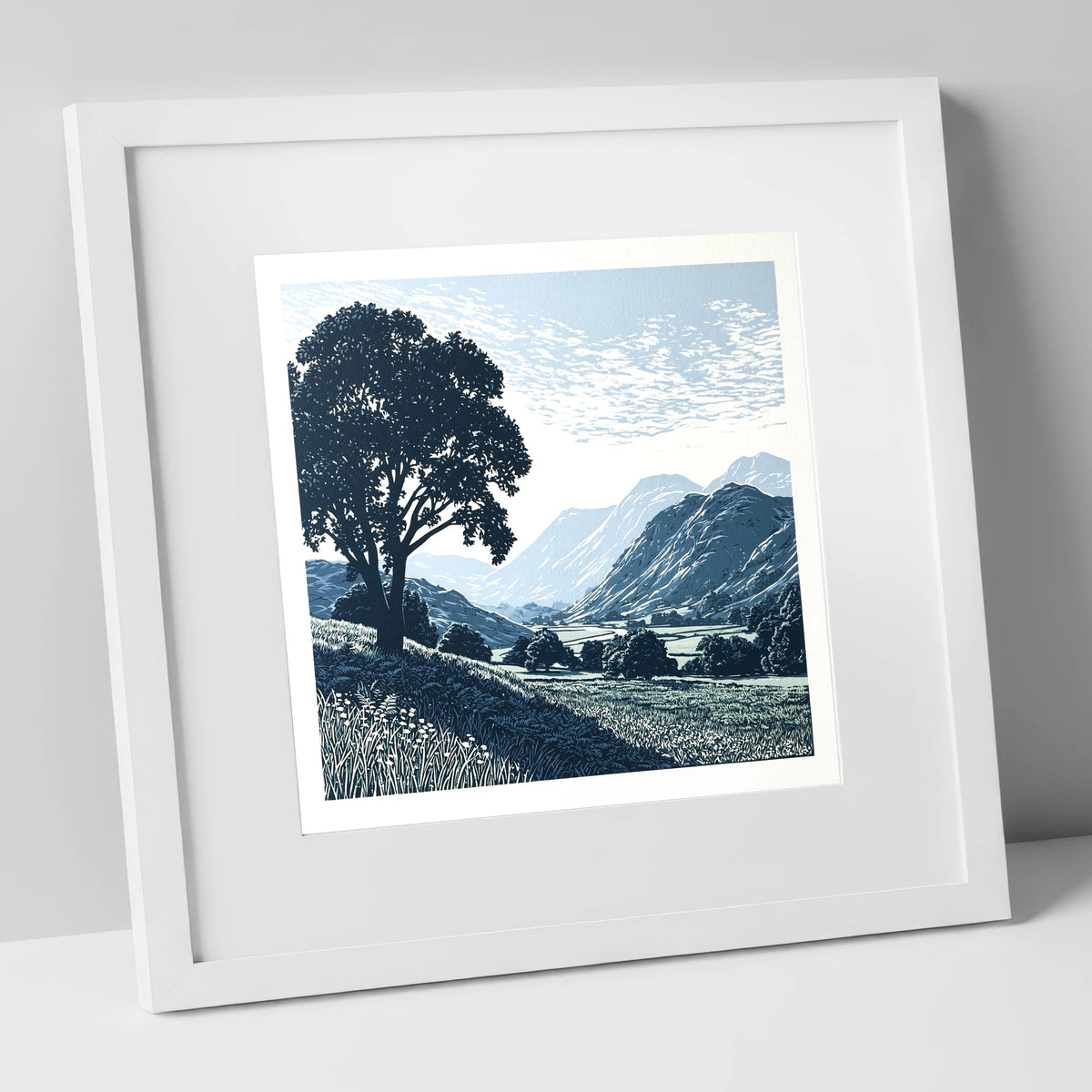 Eskdale Valley in Navy and Slate lake district valley art print in white frame