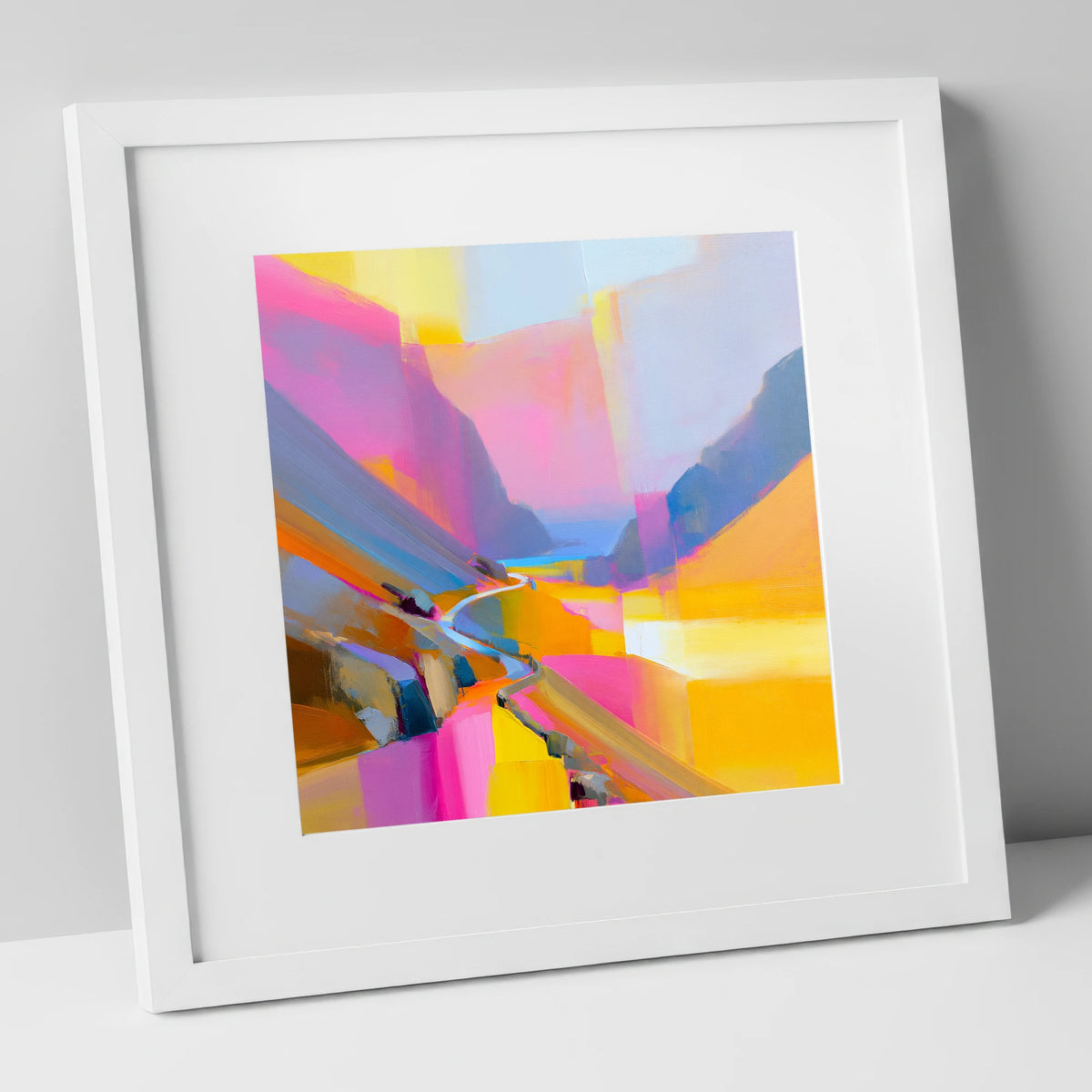 Vivid Fuchsia Winding Mountain Pass lake district valley art print in white frame