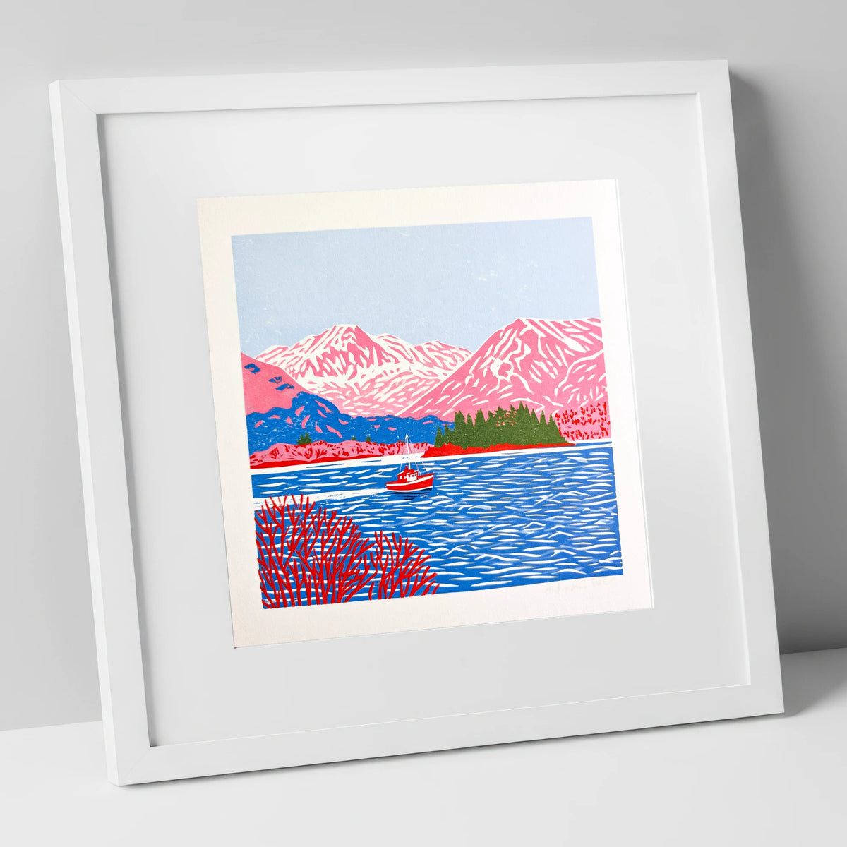 Derwentwater Boat and Pink Fells lake district lake art print in white frame