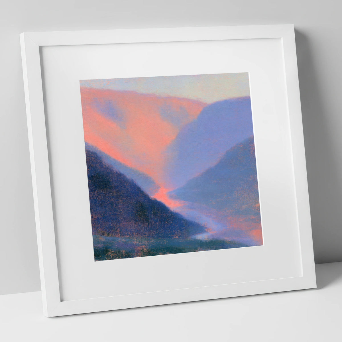 Winding River in Peach Twilight lake district waterfall art print in white frame