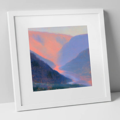 Winding River in Peach Twilight lake district waterfall art print in white frame