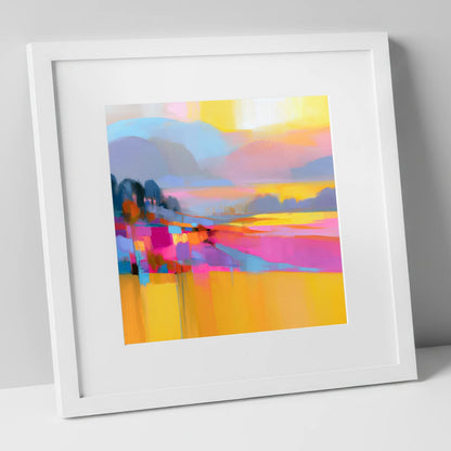 Magenta and Gold Valley Mist lake district sky art print in white frame