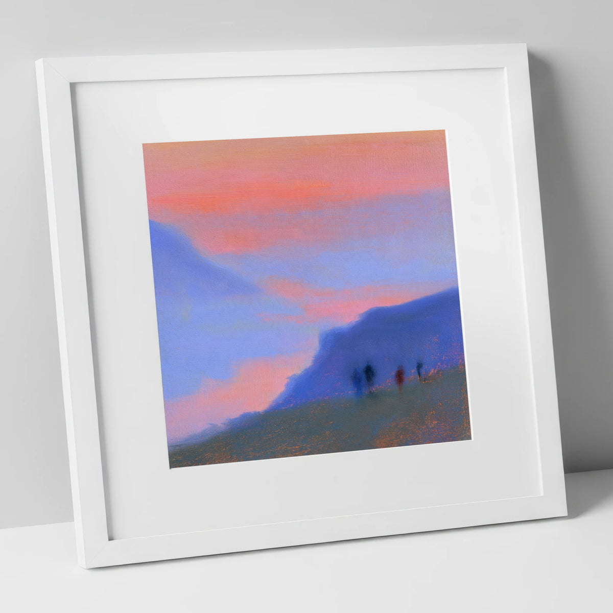 Twilight Walkers on the Fell lake district fell art print in white frame