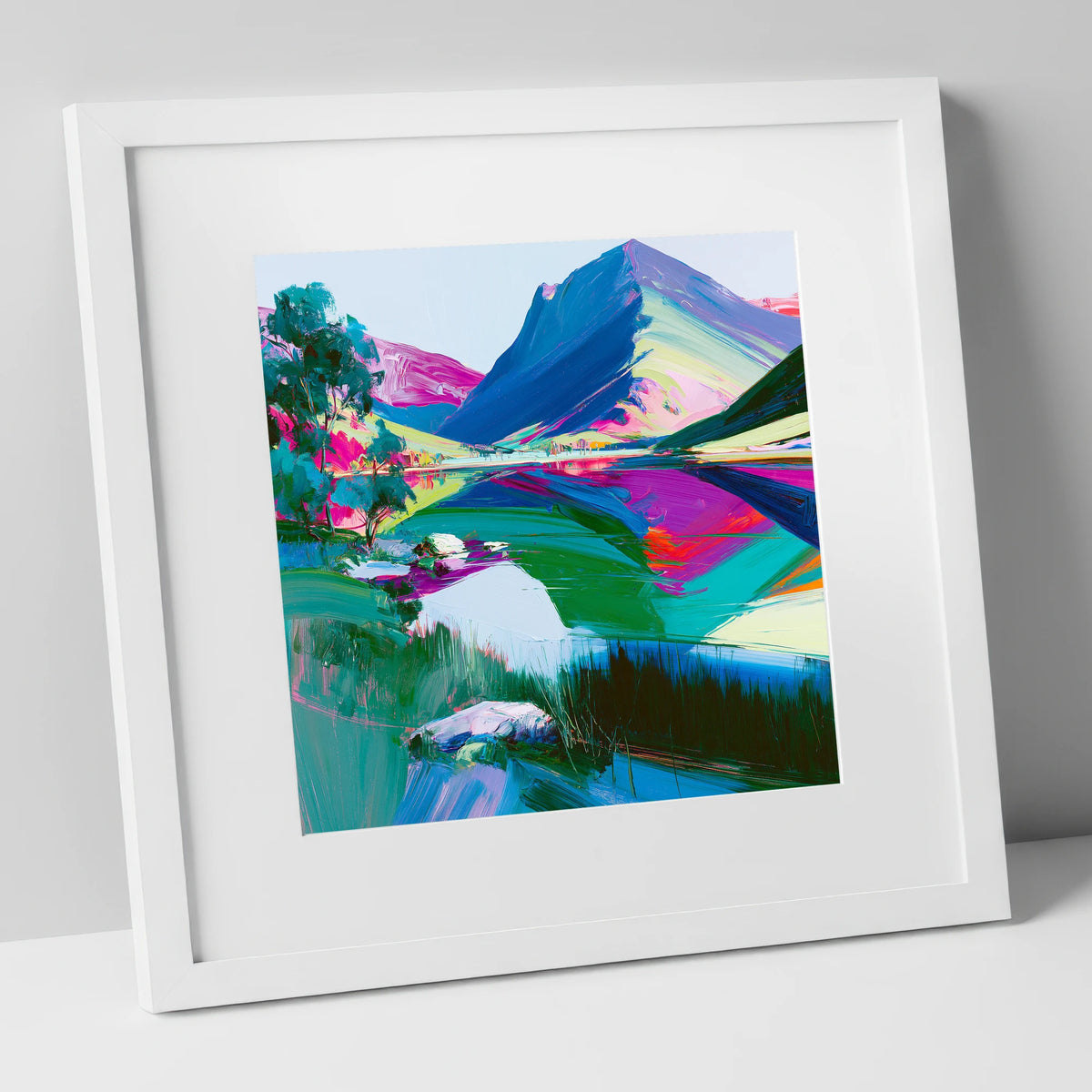 Vivid Lake District Mountain Reflection lake district fell art print in white frame