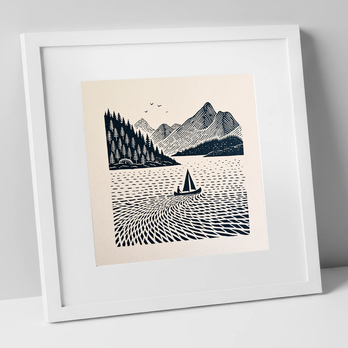 Dark Navy Derwentwater Sailing Scene lake district lake art print in white frame