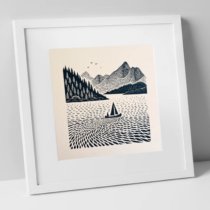 Dark Navy Derwentwater Sailing Scene lake district lake art print in white frame