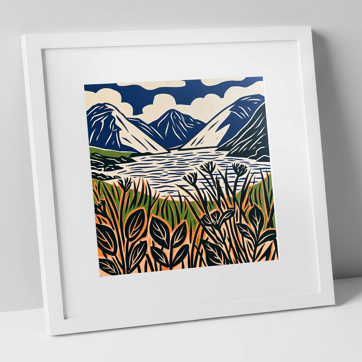 Wastwater in Navy and Orange lake district lake art print in white frame