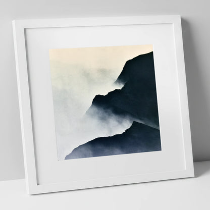 Misty Indigo Mountain Ridge lake district fell art print in white frame