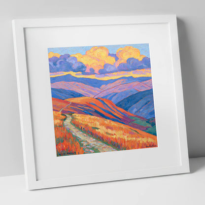 Colourful Rolling Fells Under Cloud lake district fell art print in white frame