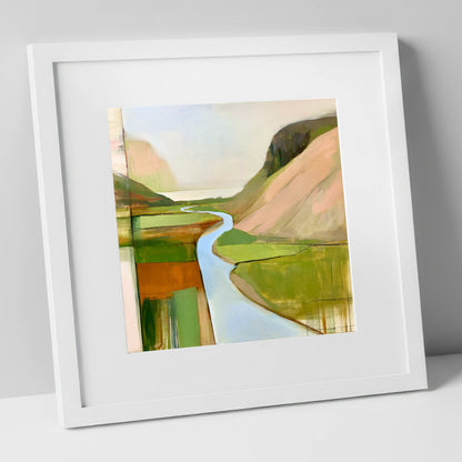 Azure Winding River Valley lake district waterfall art print in white frame