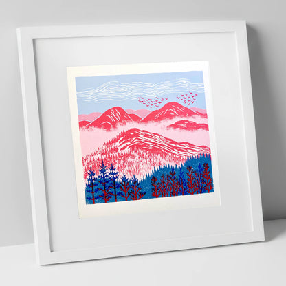Red Misty Mountain Ridge lake district fell art print in white frame