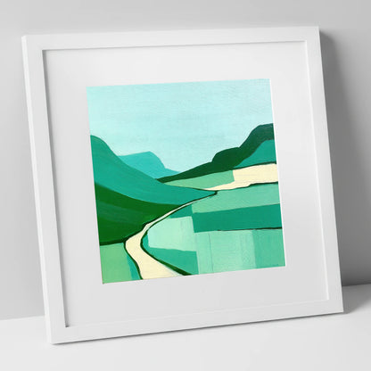 Modern Green Hardknott Pass lake district valley art print in white frame