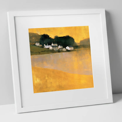 Lakeside Village in Golden Ochre lake district village art print in white frame