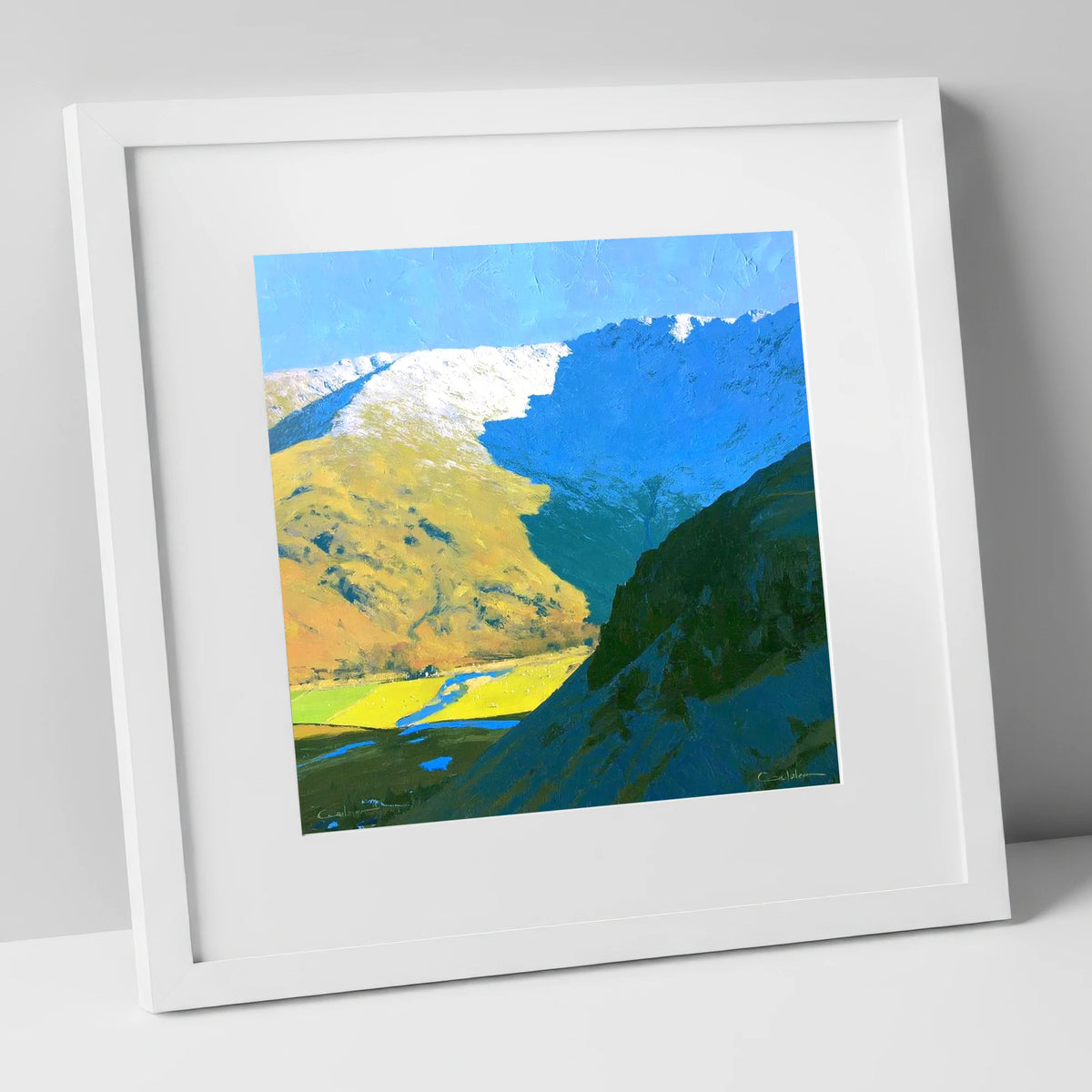 Winter Shadows on Grey Knotts lake district fell art print in white frame