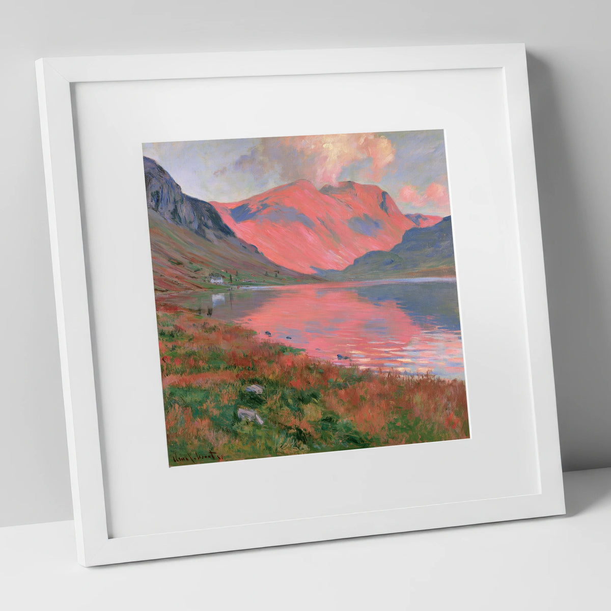 Mountain Lake with Pink Sunset lake district lake art print in white frame