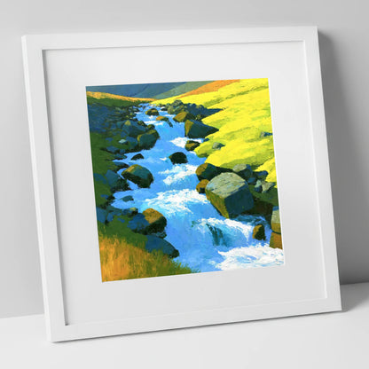 Sparkling Mountain Beck in High Summer lake district waterfall art print in white frame