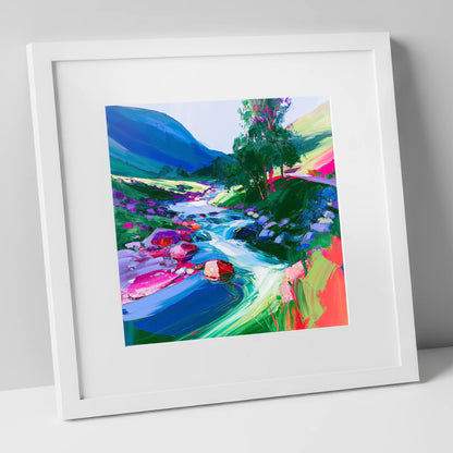 Electric Blue Rushing Fellside Beck lake district waterfall art print in white frame
