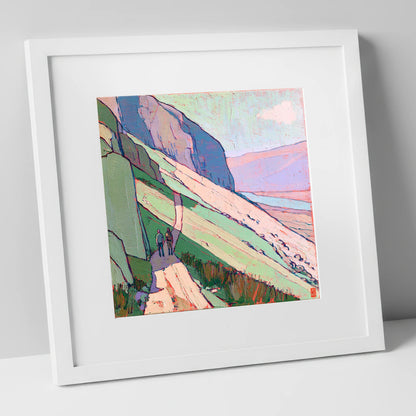 Textured Mountain Path With Walkers lake district walking art print in white frame