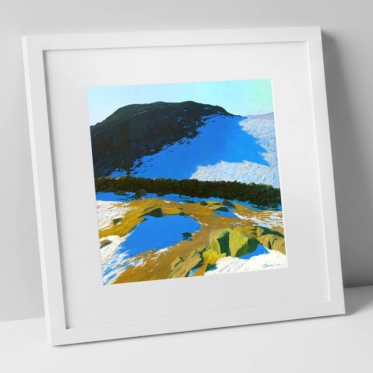 Winter Light On Great Crag lake district fell art print in white frame