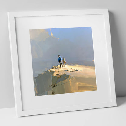 Hikers on Sunlit Fell Summit lake district fell art print in white frame