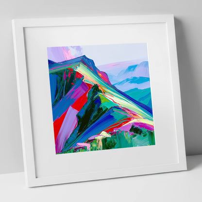 Colourful Misty Mountain Ridge lake district fell art print in white frame