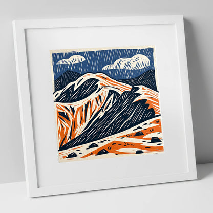 Helvellyn Ridge in Blue and Terracotta lake district fell art print in white frame