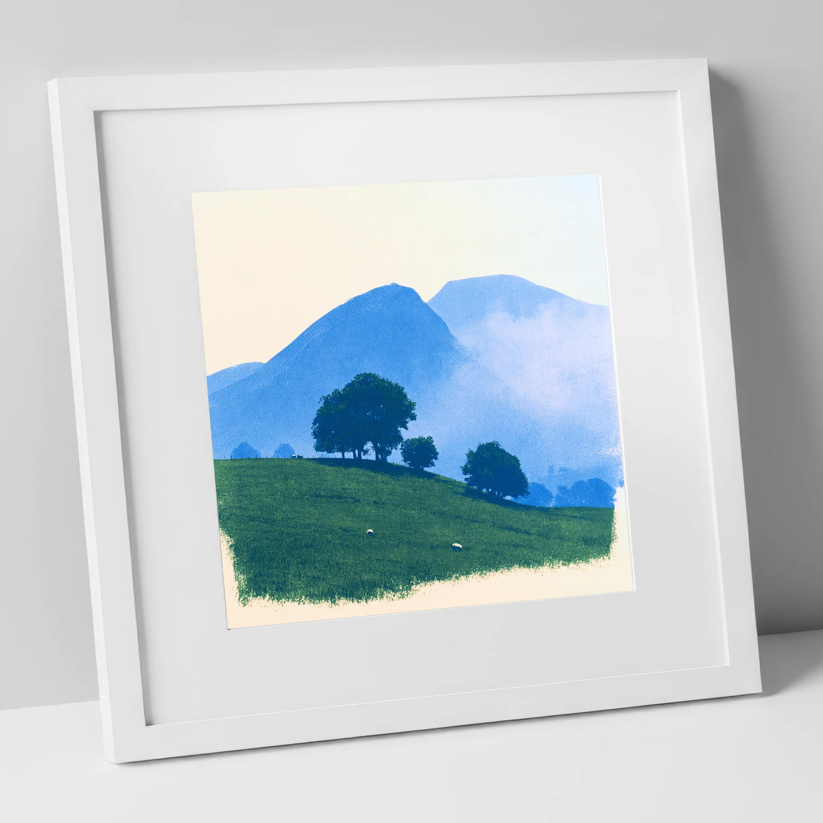 Mist Over the Blue Fells lake district fell art print in white frame