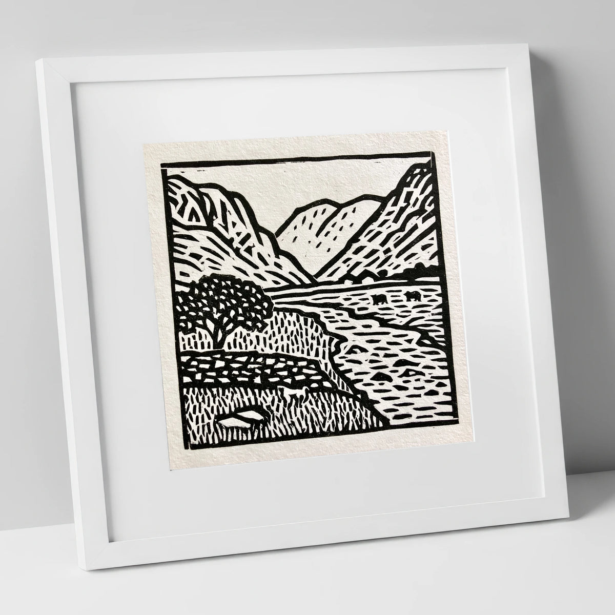 Monochrome Eskdale Valley Landscape lake district valley art print in white frame