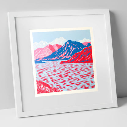 Ullswater in Vivid Red and Blue lake district lake art print in white frame