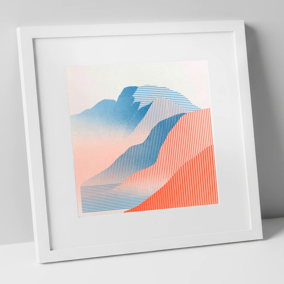 Geometric Scafell Pike in Coral lake district fell art print in white frame