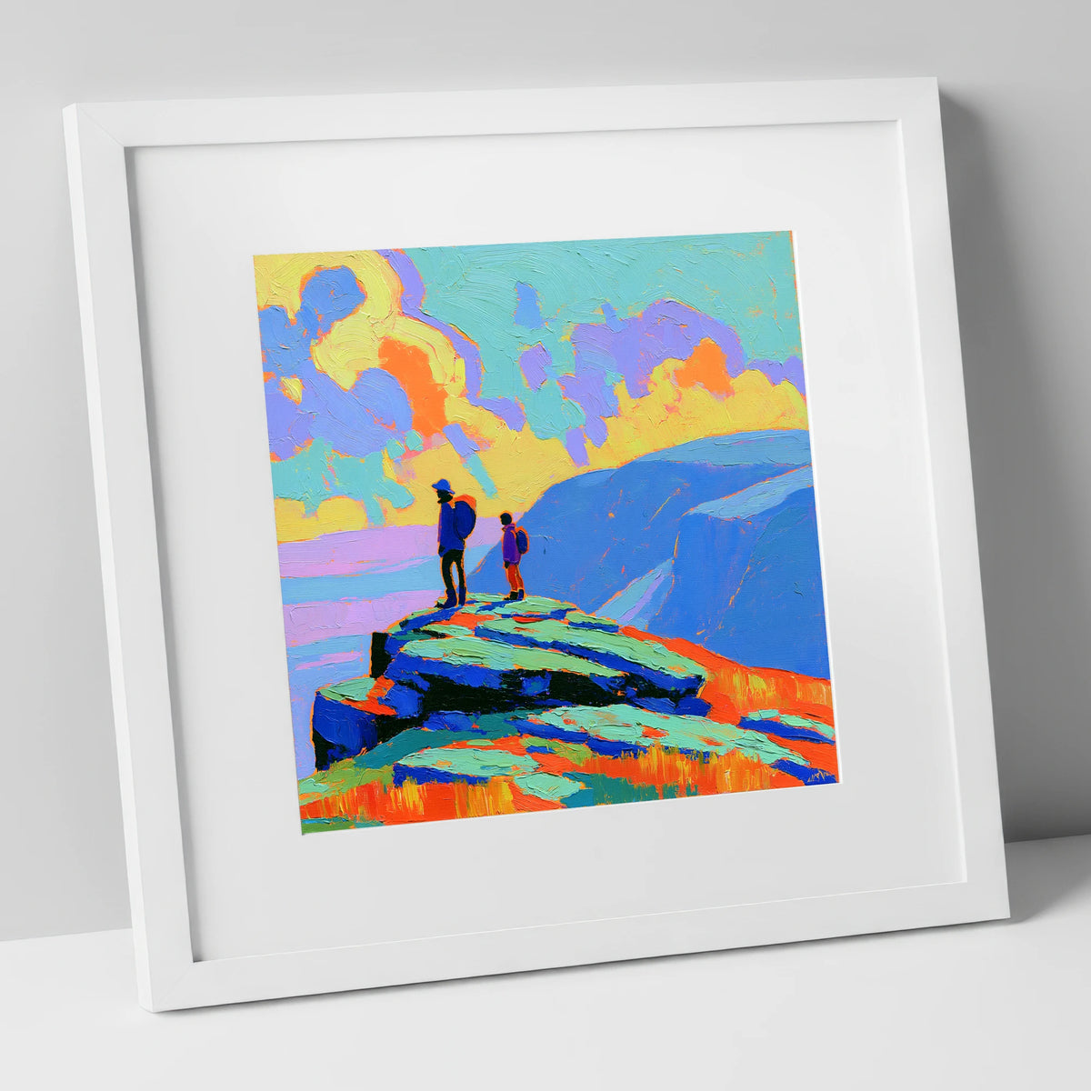 Hikers on a Vibrant Fell Summit lake district fell art print in white frame