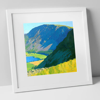 Blue Shadows on Robinson Fell lake district fell art print in white frame