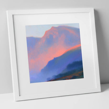 Pink Evening Light Over Fells lake district sky art print in white frame