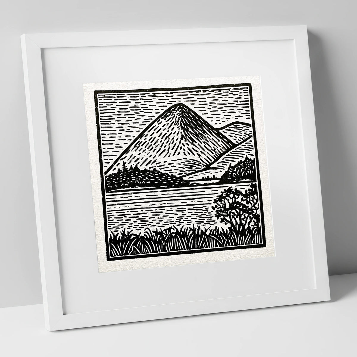 Bold Monochrome Catbells Peak lake district fell art print in white frame
