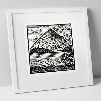 Bold Monochrome Catbells Peak lake district fell art print in white frame