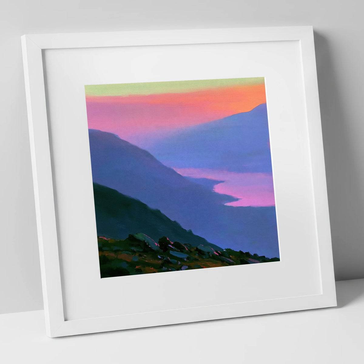 Vivid Sunset Over the Fells lake district fell art print in white frame
