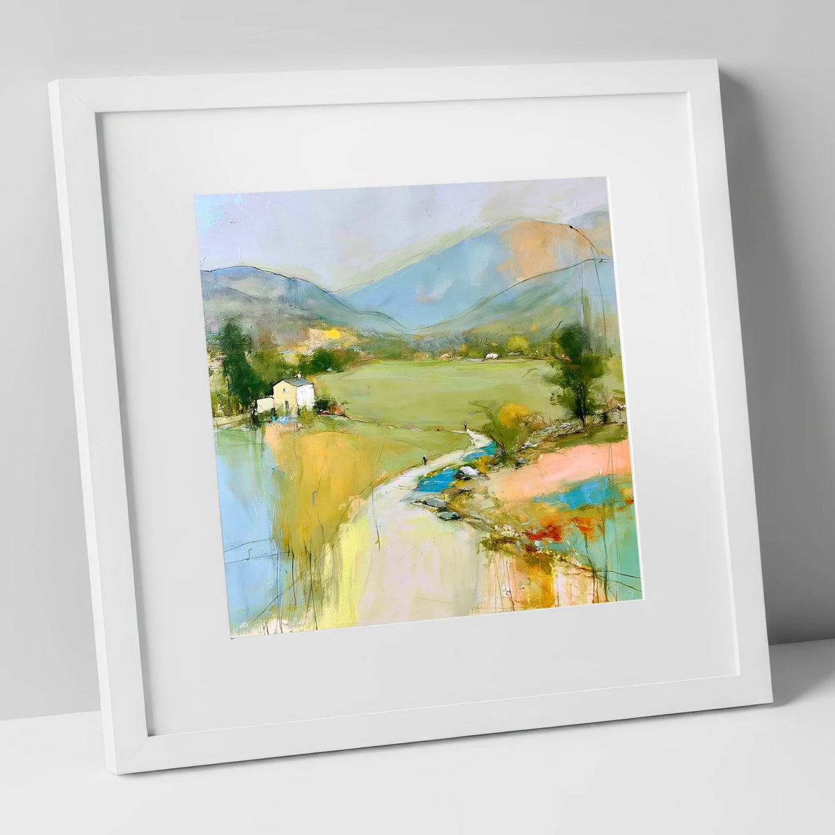 Vibrant Green Valley Between the Fells lake district valley art print in white frame