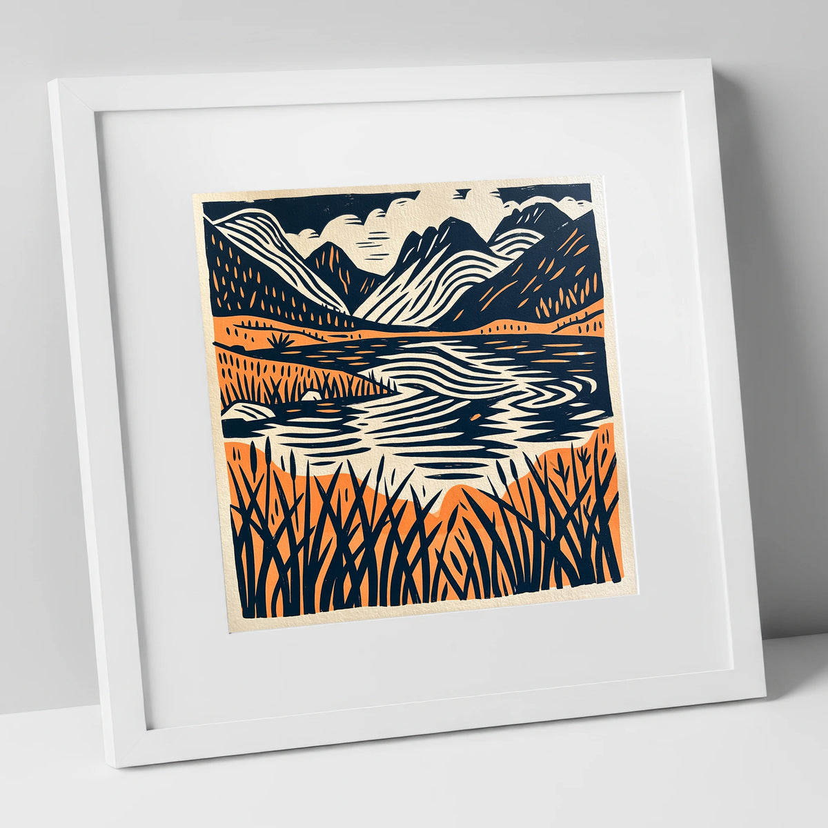 Terracotta Fells and Lake Reflections lake district lake art print in white frame