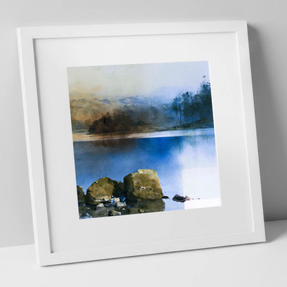 Mossy Boulders of Rydal Water lake district lake art print in white frame