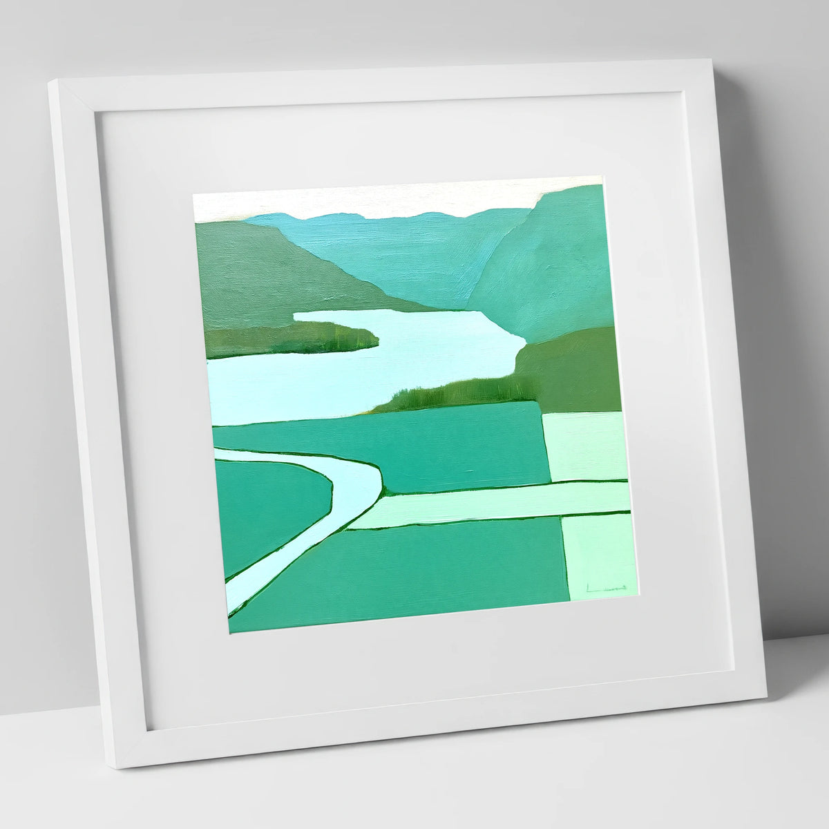 Aerial Elter Water in Teal lake district lake art print in white frame