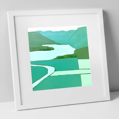 Aerial Elter Water in Teal lake district lake art print in white frame