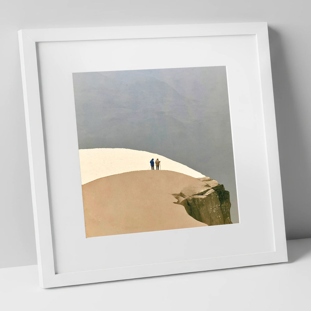 High Fell Walkers on a Snowy Ridge lake district fell art print in white frame