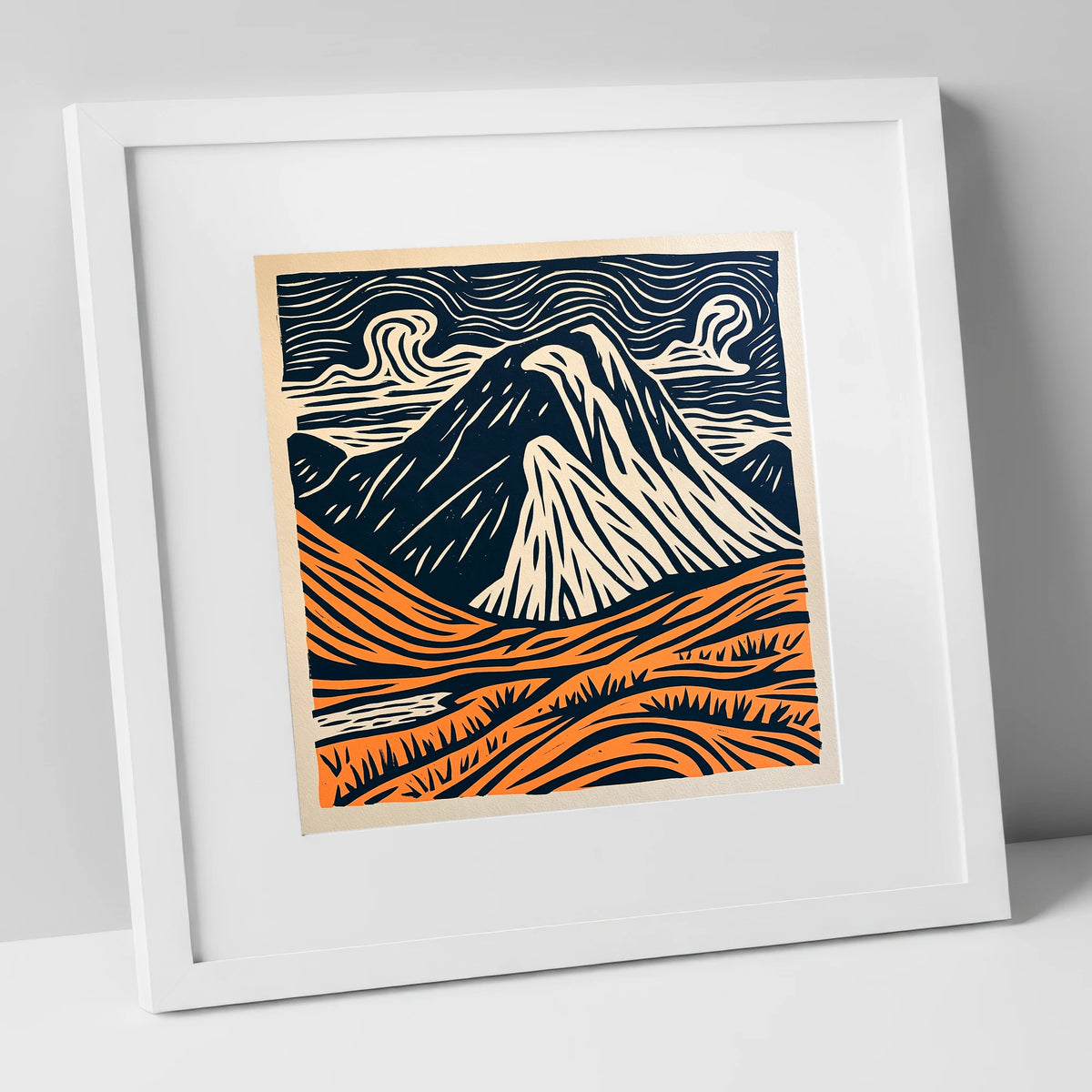 Great Gable in Navy and Orange lake district fell art print in white frame