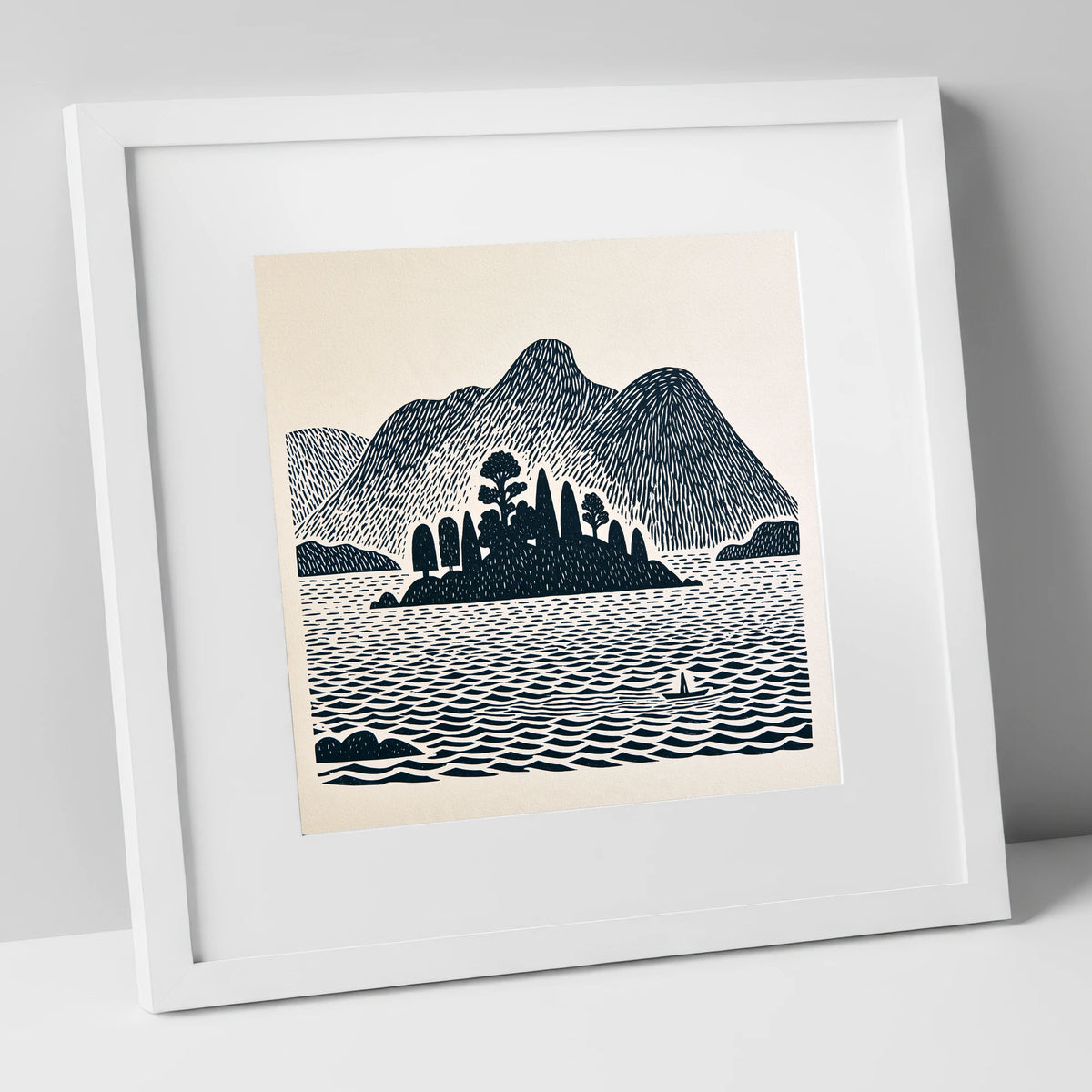 Derwentwater Island in Deep Navy lake district lake art print in white frame