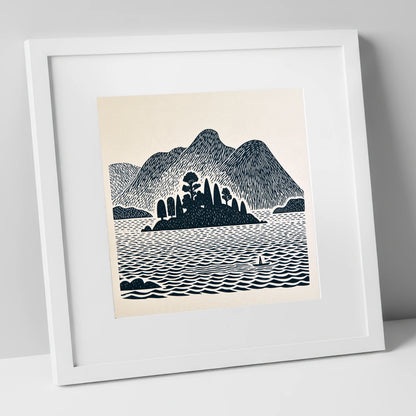 Derwentwater Island in Deep Navy lake district lake art print in white frame