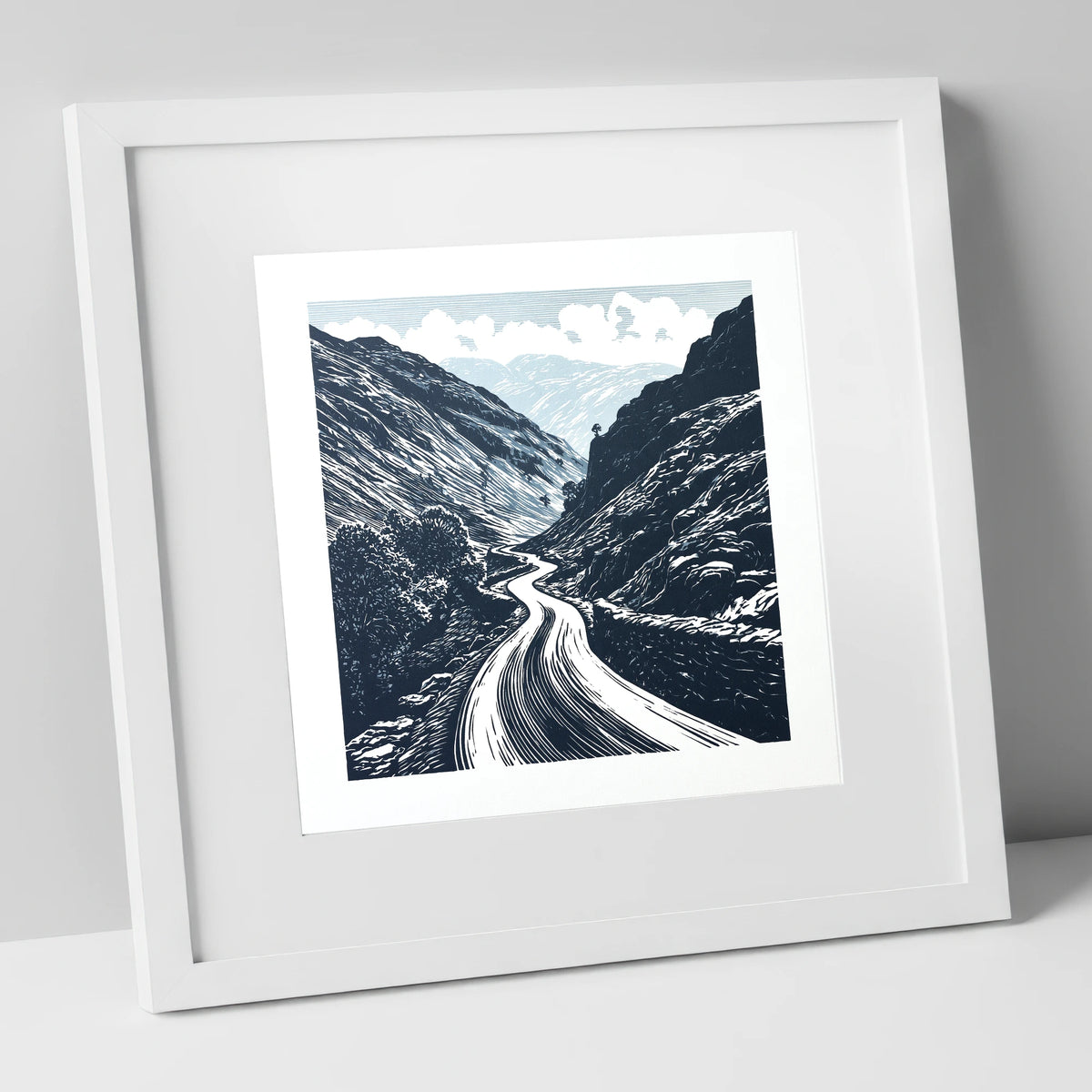 Navy Blue Hardknott Pass Road lake district valley art print in white frame