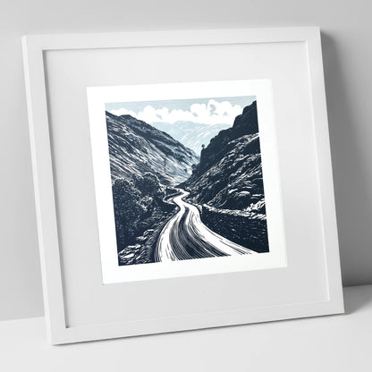 Navy Blue Hardknott Pass Road lake district valley art print in white frame