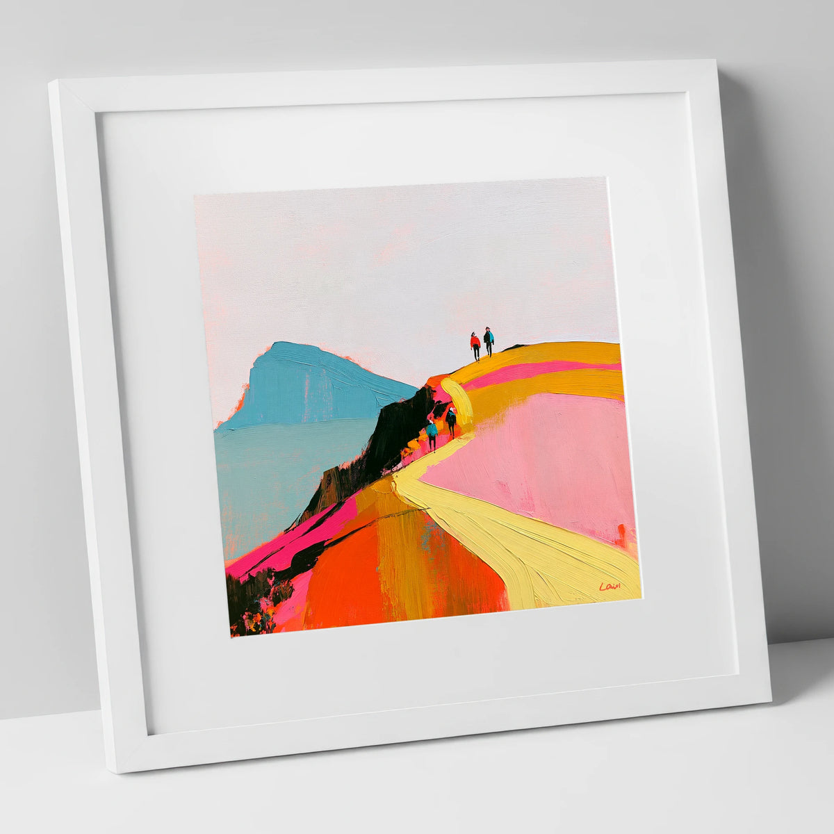 Walkers on a Vibrant Ridge lake district walking art print in white frame