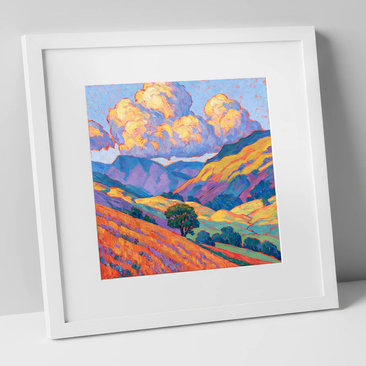 Golden Fellside with Violet Shadows lake district fell art print in white frame